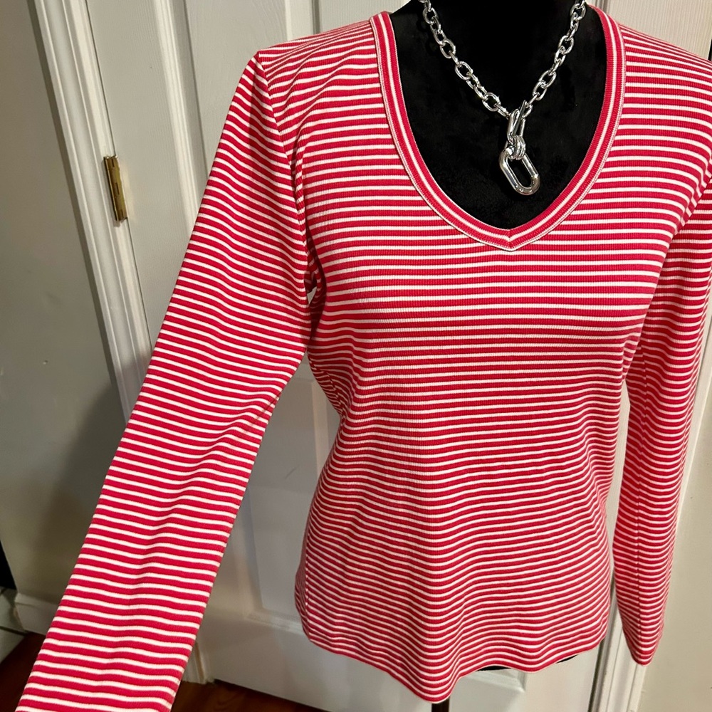 NIC+ZOE Red and White Striped Long Sleeve Top